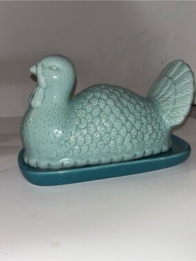 Ceramic Hen Butter Dish in Light Teal